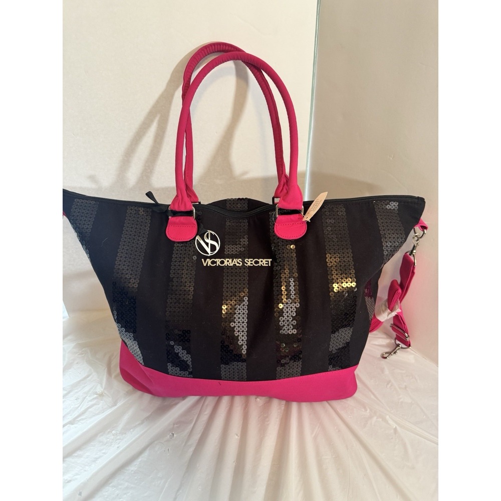 Victoria's Secret Black Hot Pink Sequin Tote Large Weekender Zip Shoulder Bag ~